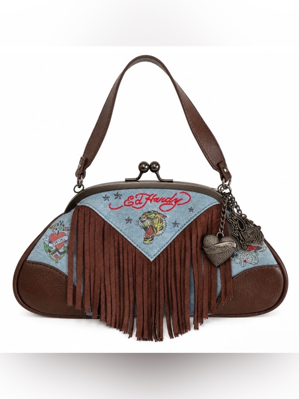 Ed Hardy Brown and Light Blue Fringe Denim Tiger Shoulder Bag NWT
